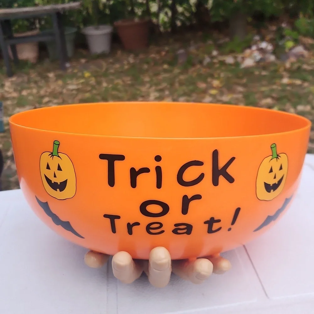 Vintage, Nostalgic, Halloween Trick or Treat Bowl, W Hand and Glove To Scare
